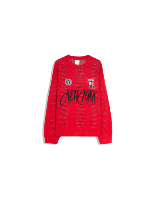 Bershka Pullover mit Mesh-Einsatz und Rundhalsausschnitt in Rot, 2 von 2