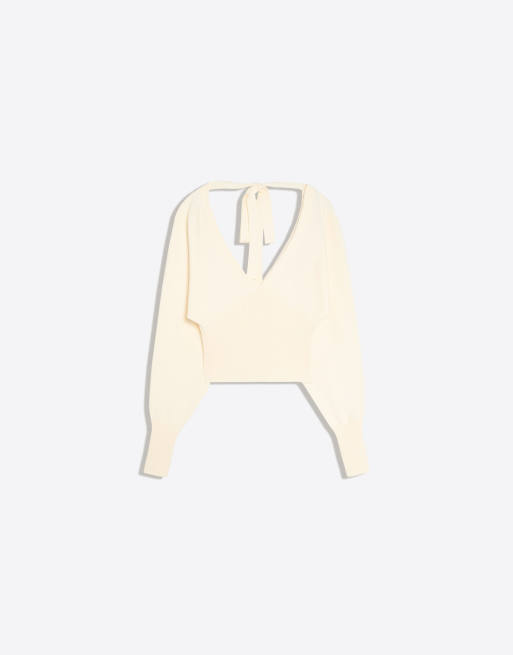 Bershka Pullover mit V-Ausschnitt und Bindedetail in Ecru, 5 von 5