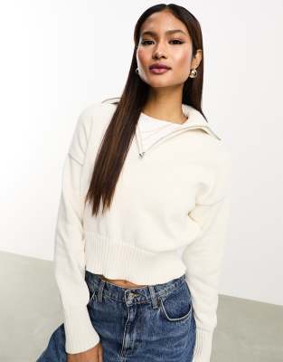 Bershka quarter zip jumper in ecru-Neutral