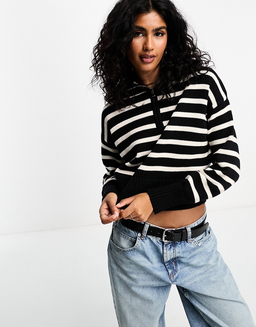 Bershka quarter zip oversized jumper in black & white stripe