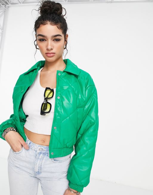 Seguid así Caña Clancy Bershka quilted bomber jacket in bright green | ASOS