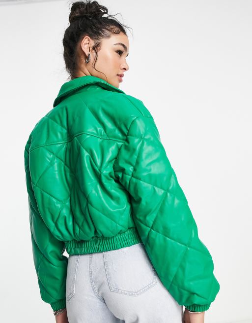 Seguid así Caña Clancy Bershka quilted bomber jacket in bright green | ASOS