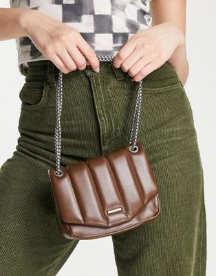 Bershka quilted chain detail bag in brown