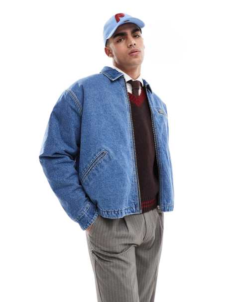 Bershka quilted denim zip through jacket in blue  - view 1
