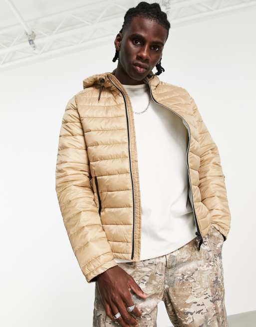 Bershka quilted hooded jacket in beige | ASOS