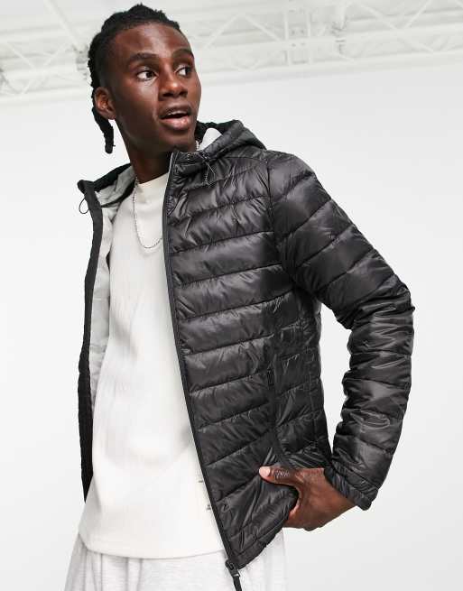 Bershka quilted hooded jacket in black | ASOS