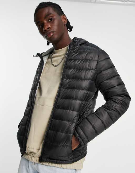 Bershka quilted hooded jacket in black | ASOS