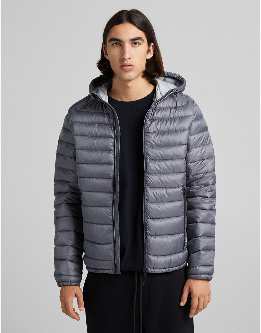 Bershka quilted hooded jacket in gray-Grey
