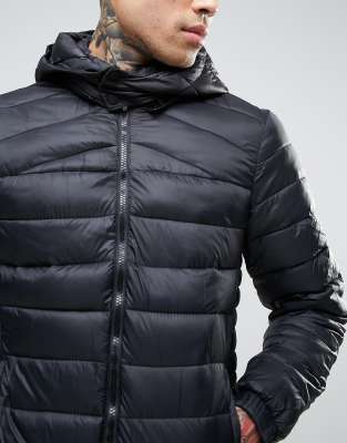 bershka hooded puffer jacket in black