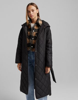 Bershka quilted long line belted coat in black