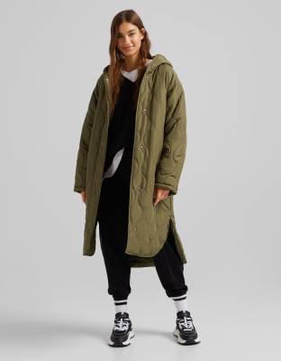 Bershka quilted long line jacket in khaki