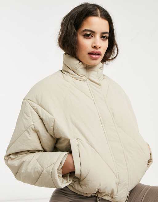 Bershka quilted padded puffer jacket in beige