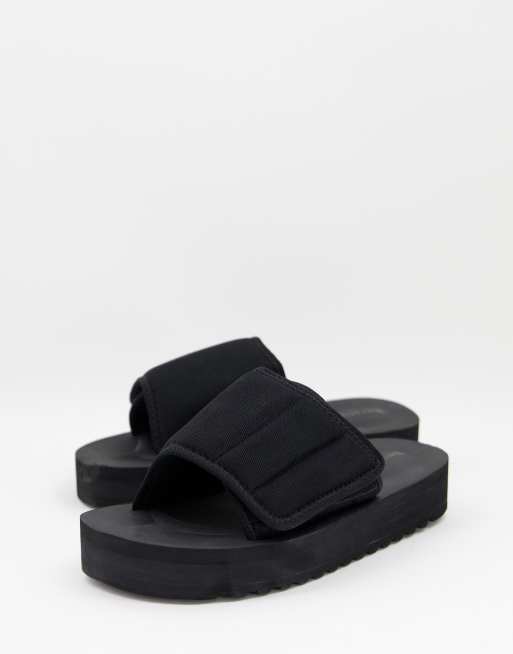 Bershka quilted slider in black