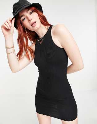 Bershka racer back ribbed mini dress in black | ASOS