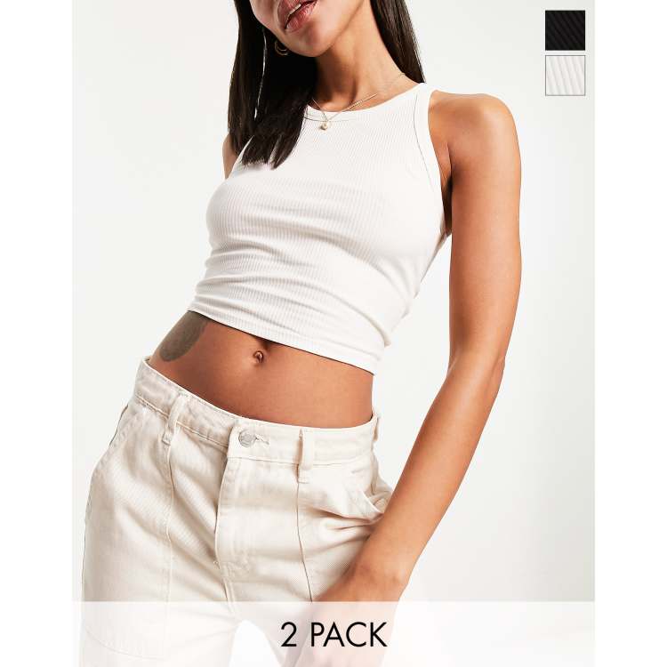 Bershka ribbed cropped tank top 2 pack in black and white