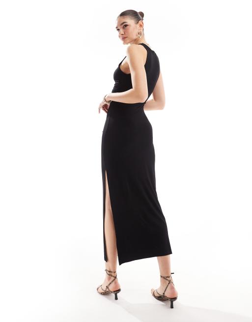 Bershka racer neck slinky midaxi dress in black | ASOS