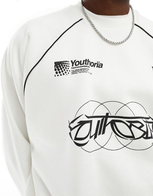 Bershka racing graphic piped sweatshirt in white