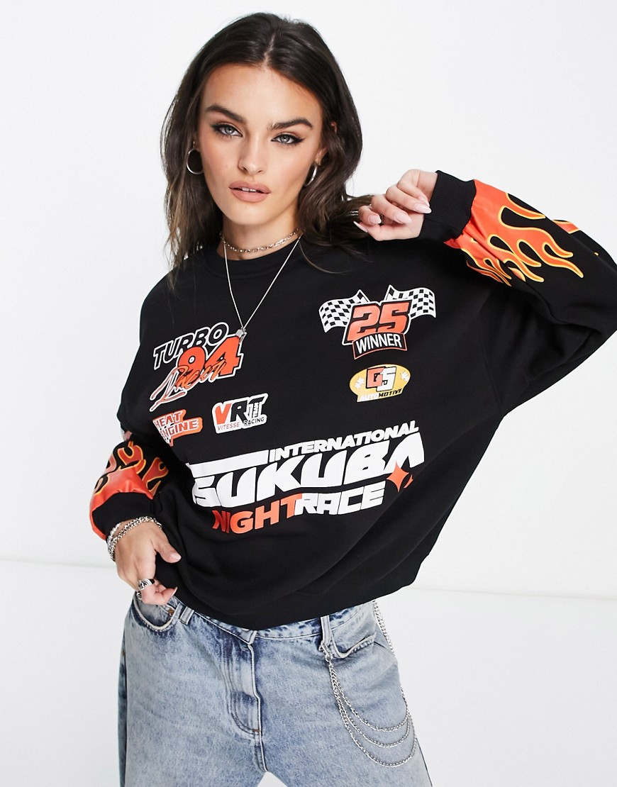 Bershka racing slogan graphic sweatshirt in black