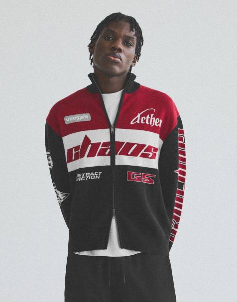 Bershka Racing zip-up knit jacket in black - view 1