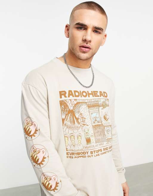 Bershka – Radiohead – Jasnobrązowy T-shirt z długimi rękawami z nadrukiem
