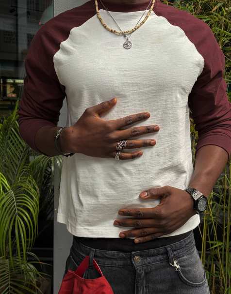 Bershka Raglan long-sleeve t-shirt in burgundy - view 1