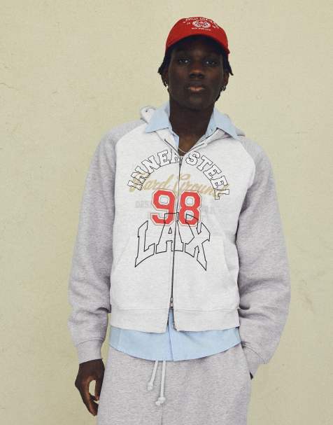 Bershka Raglan print hoodie in grey - view 1