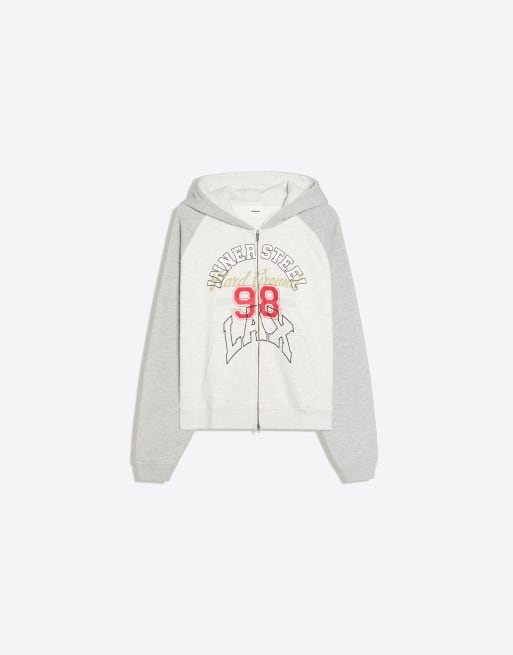 Bershka Raglan print hoodie in grey, 6 of 6
