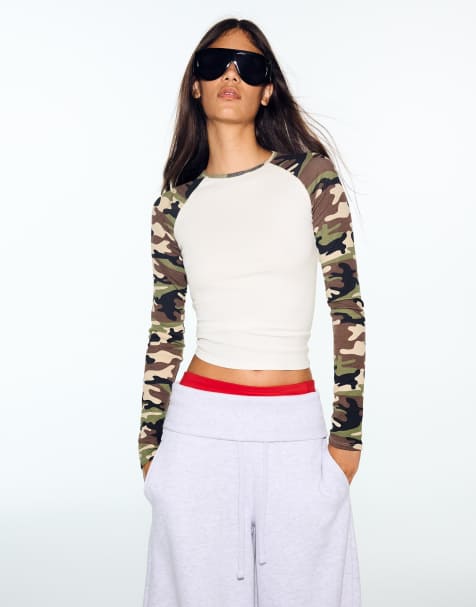 Bershka Raglan print long-sleeve t-shirt in khaki - view 1