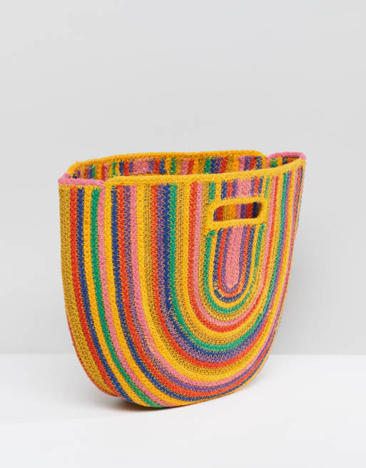 Bershka rainbow colour straw bag in multi