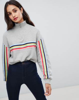 grey sweatshirt with rainbow stripes