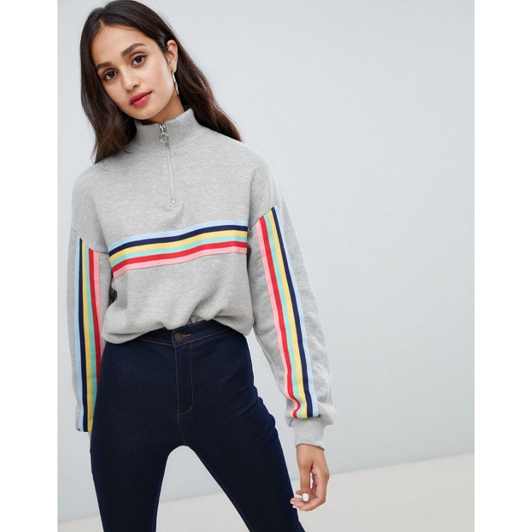 Bershka rainbow side stripe zip up sweatshirt in grey
