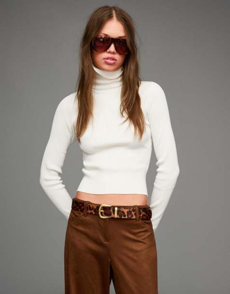 Bershka Raised neck ribbed jumper in white - view 1
