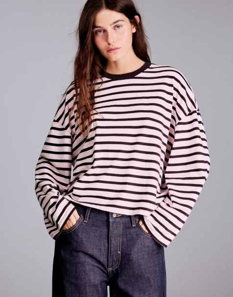 Bershka randig boxig långärmad t-shirt i rosa - view 1