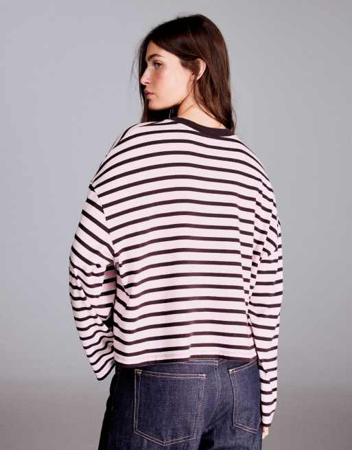 Bershka randig boxig långärmad t-shirt i rosa, 3 av 5