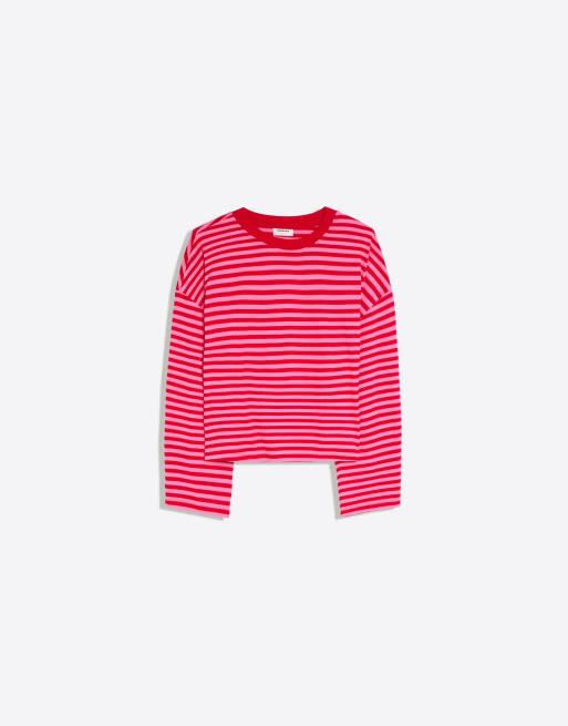 Bershka randig boxig långärmad t-shirt i rosa, 5 av 5