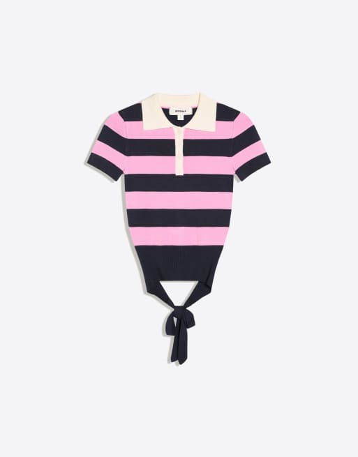 Bershka randig stickad tröja med korta ärmar i rosa, 5 av 5
