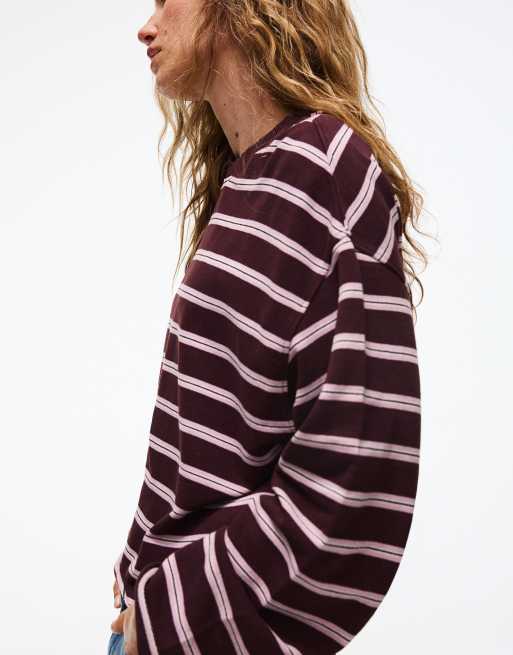 Bershka randig sweatshirt med rund halsringning i burgundy, 4 av 5