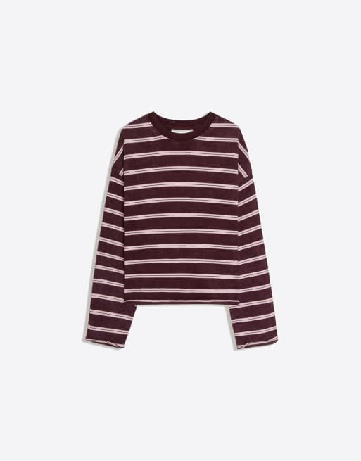Bershka randig sweatshirt med rund halsringning i burgundy, 5 av 5