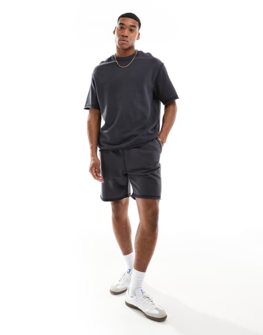 Bershka raw edge washed short in black - part of a set