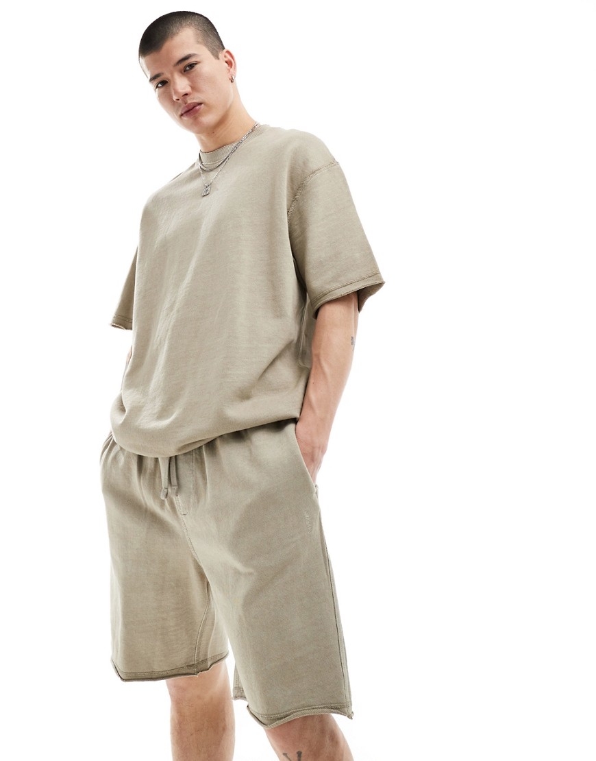 Bershka Raw Edge Washed Shorts In Stone - Part Of A Set-neutral