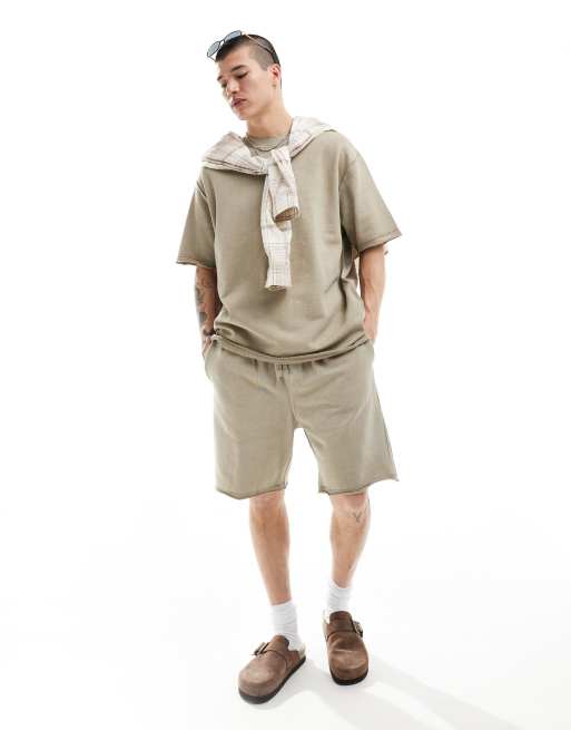 Bershka raw edge washed shorts in stone (part of a set)