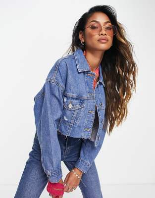 Bershka raw hem cropped denim jacket in light blue ASOS