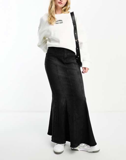 Bershka raw hem denim maxi skirt in washed black