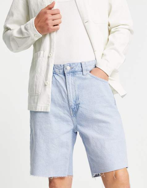Bershka raw hem denim shorts in light blue - view 1