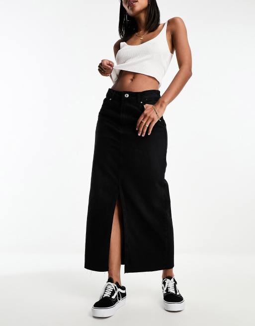 Bershka raw hem split hem denim midi skirt in black | ASOS