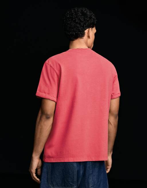 Bershka - Rød kortærmet T-shirt med opsmøgede ærmer og print, 4 af 4