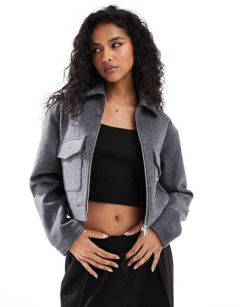 Bershka - Recht jack met wollook in donkergrijs - view 1