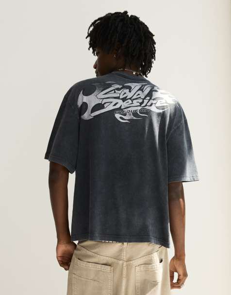 Bershka - Recht T-shirt met print in zwart met wassing - view 1