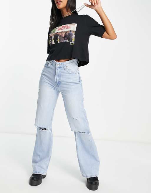 Bershka - Rechte jeans in jaren 90-stijl in vintage blauw