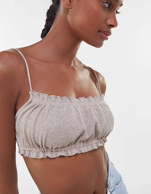 Bershka recycled cotton cropped stripe ruched cami in oatmeal